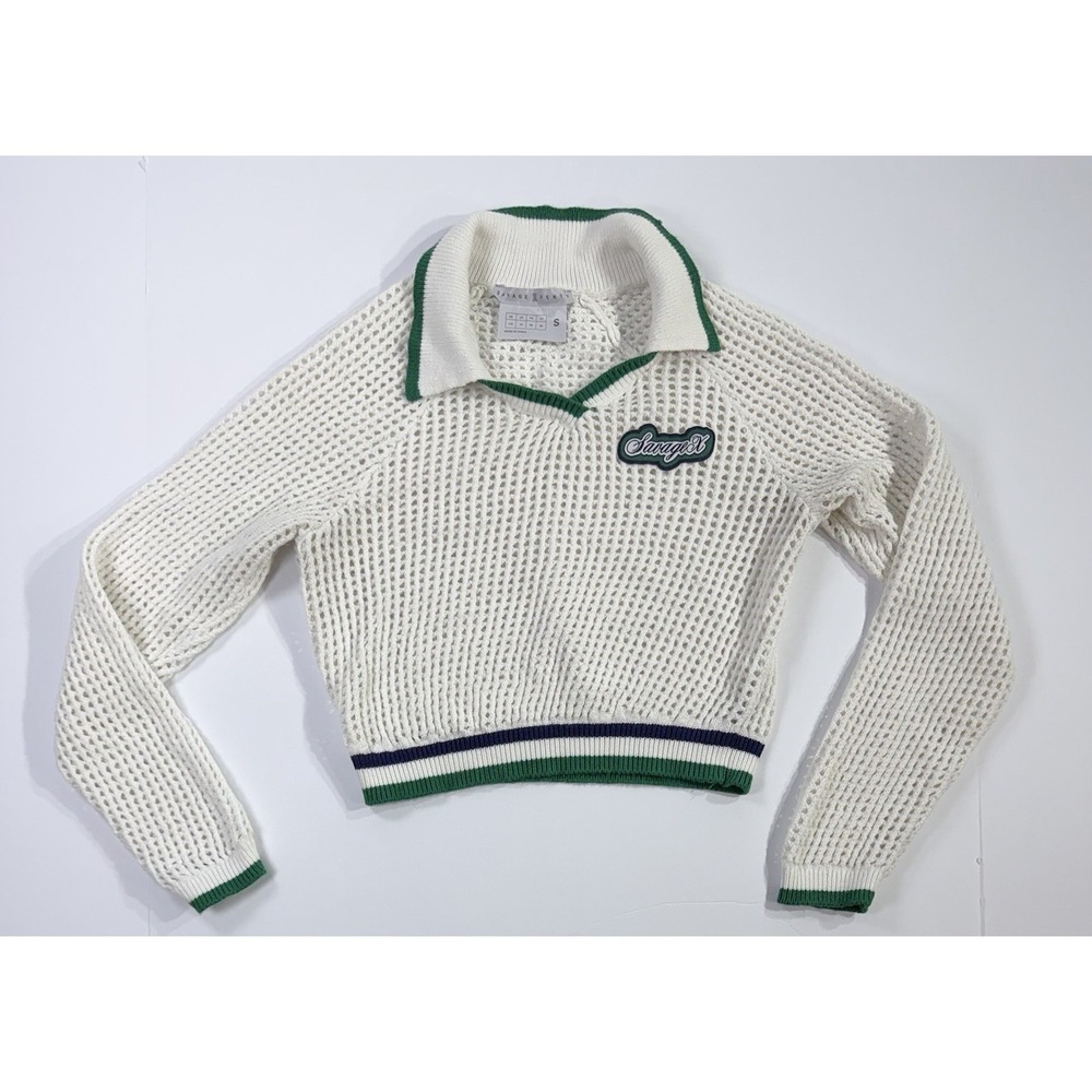 Savage Fenty Cropped Knit Sweater Polo Womens Small Cream Green Long Sleeve